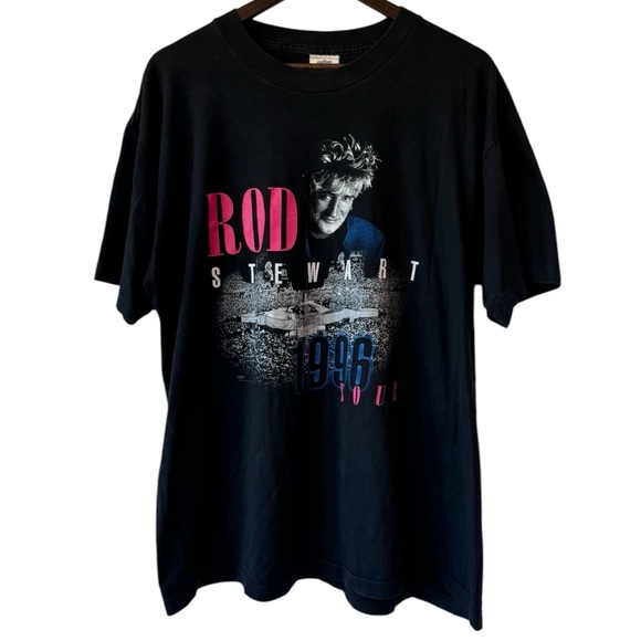 Vintage 1996 Rod Stewart Tour Band Tee Black Pink Headshot Preloved Sz XL - Picture 3 of 11